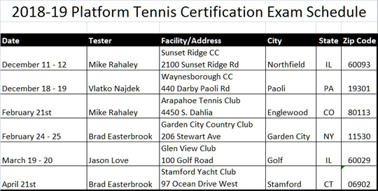 2018-2019 Platform Tennis Certification Schedule